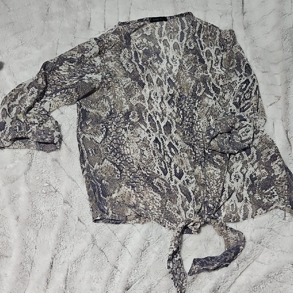 Snakeskin Sheer Print Blouse with Tie Front